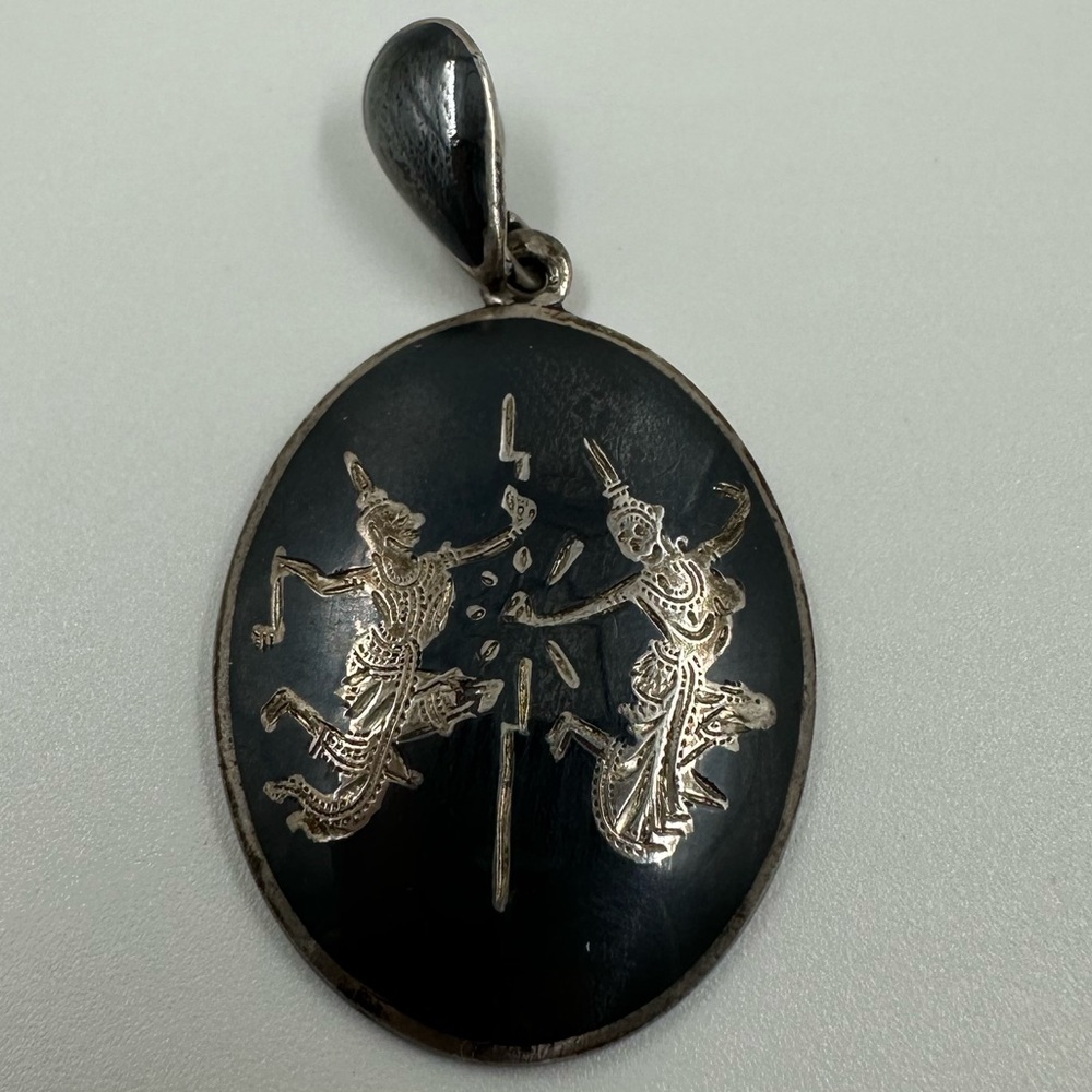 Vintage Siam Silver Niello Dancing Goddess Oval Pendant Sterling Silver